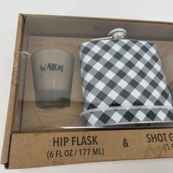 Buffalo Plaid Hip Flask Shot Glass Set Warm Fuzzy Black White Gingham NEW Gift - Picture 2 of 4